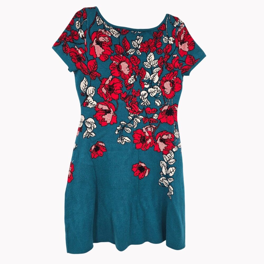 Anthropologie Maeve Medium Allison Floral Knit Sweater Dress Teal - Picture 2 of 9